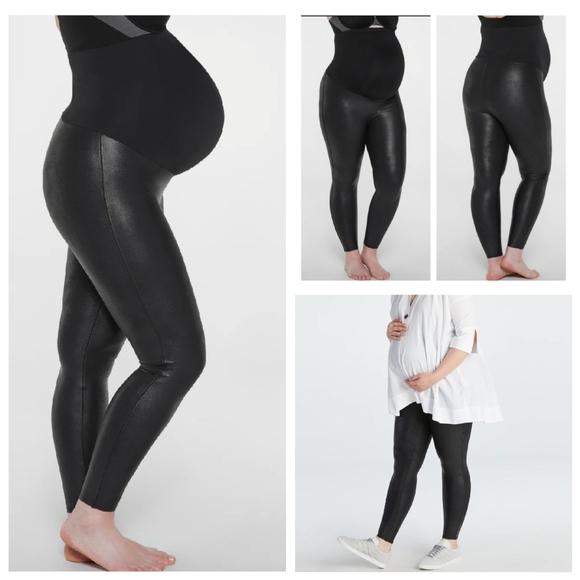 Spanx Mama Maternity Black Faux Leather Leggings Size 1X Vegan Leather Stretchy - Picture 16 of 16